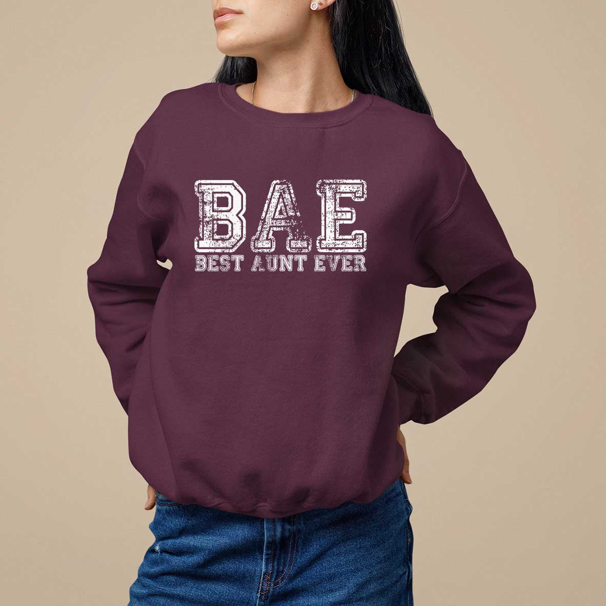 Maroon sweatshirt with 'BAE' and 'Best Aunt Ever' front print