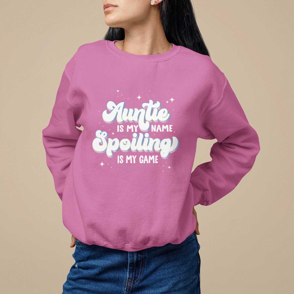 Azalea pink sweatshirt with Auntie graphic text on front