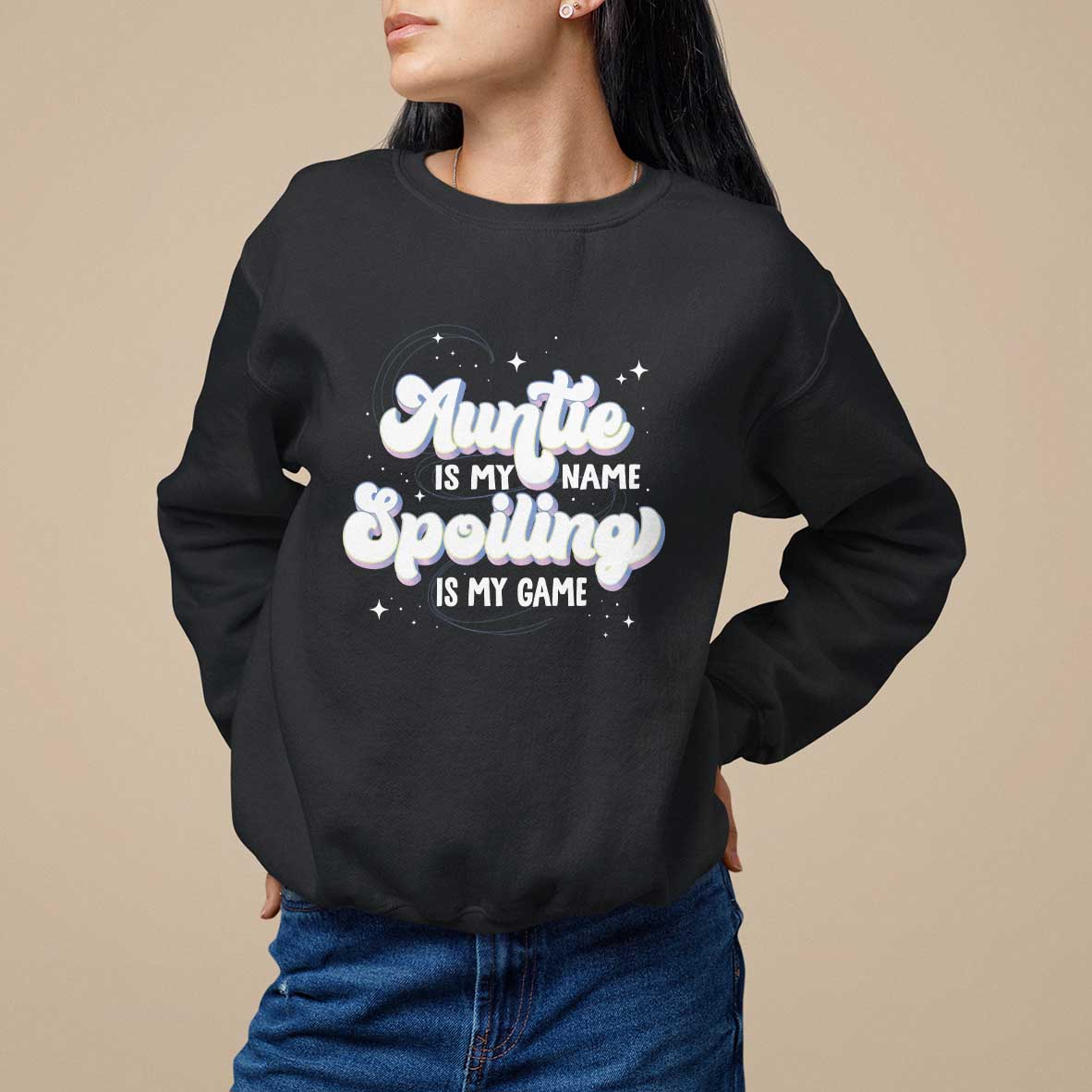 Black sweatshirt with Auntie graphic text on front