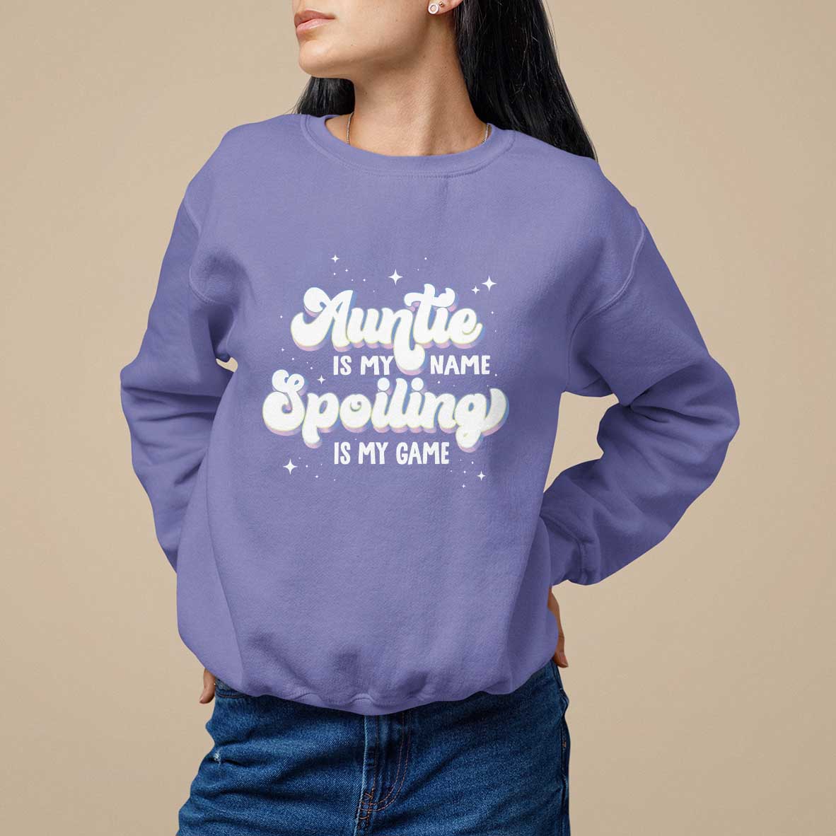 Violet sweatshirt with Auntie graphic text on front