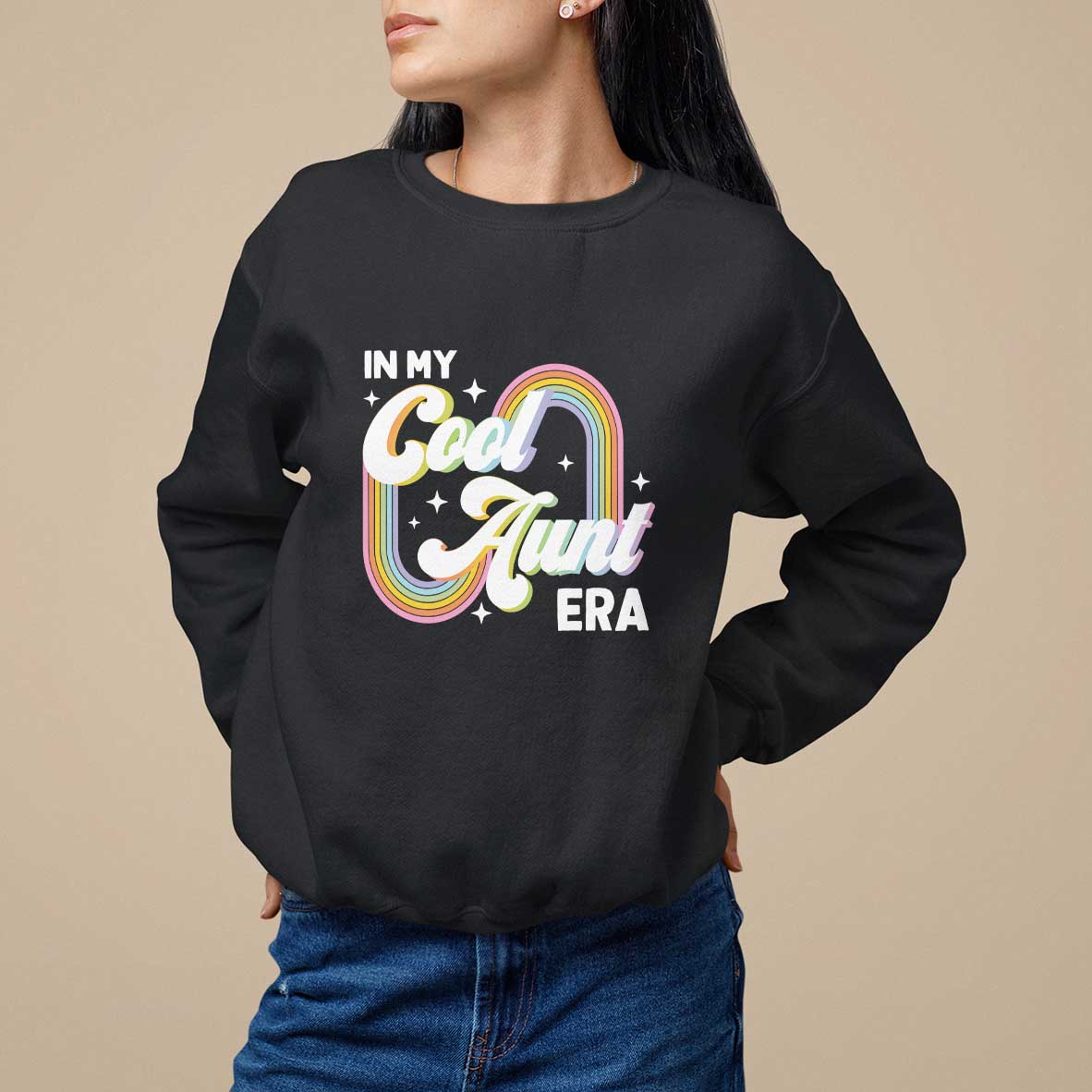 Black crewneck sweatshirt with rainbow “Cool Aunt Era” front graphic