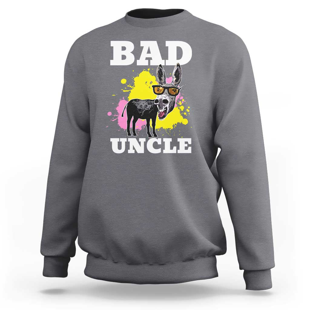 Charcoal gray crewneck sweatshirt with “BAD UNCL E” graphic and illustrated dog