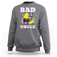 Charcoal gray crewneck sweatshirt with “BAD UNCL E” graphic and illustrated dog