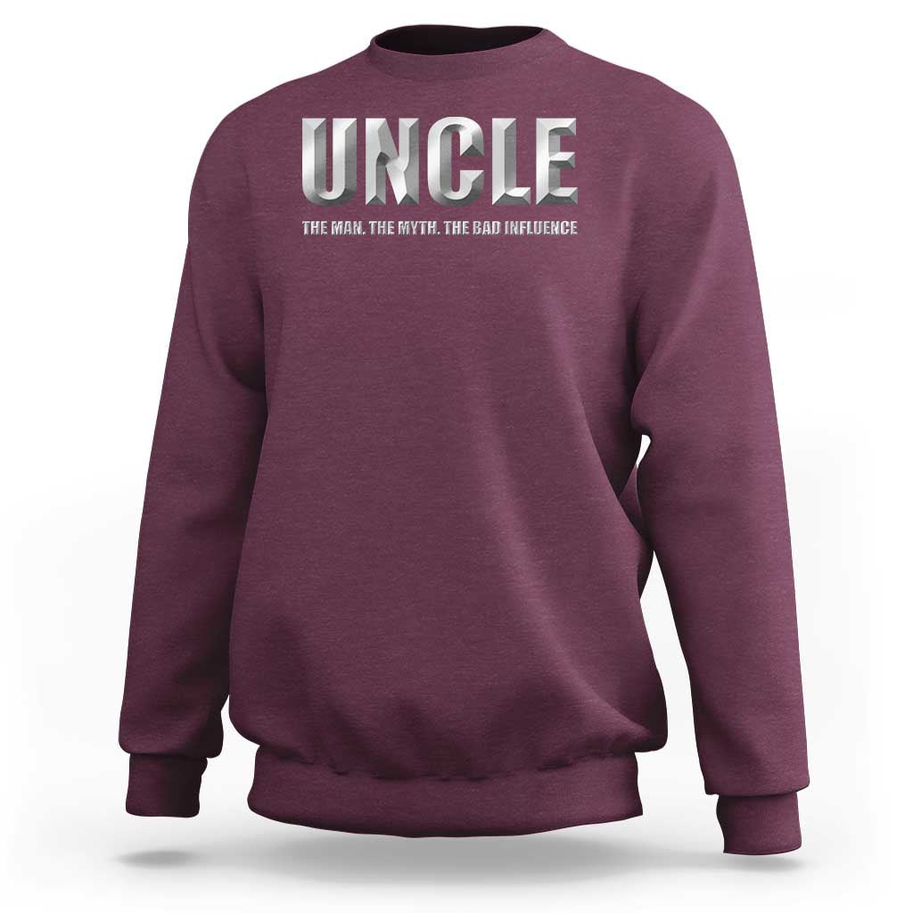 Maroon crewneck sweatshirt with 'UNCLE' front graphic and small tagline