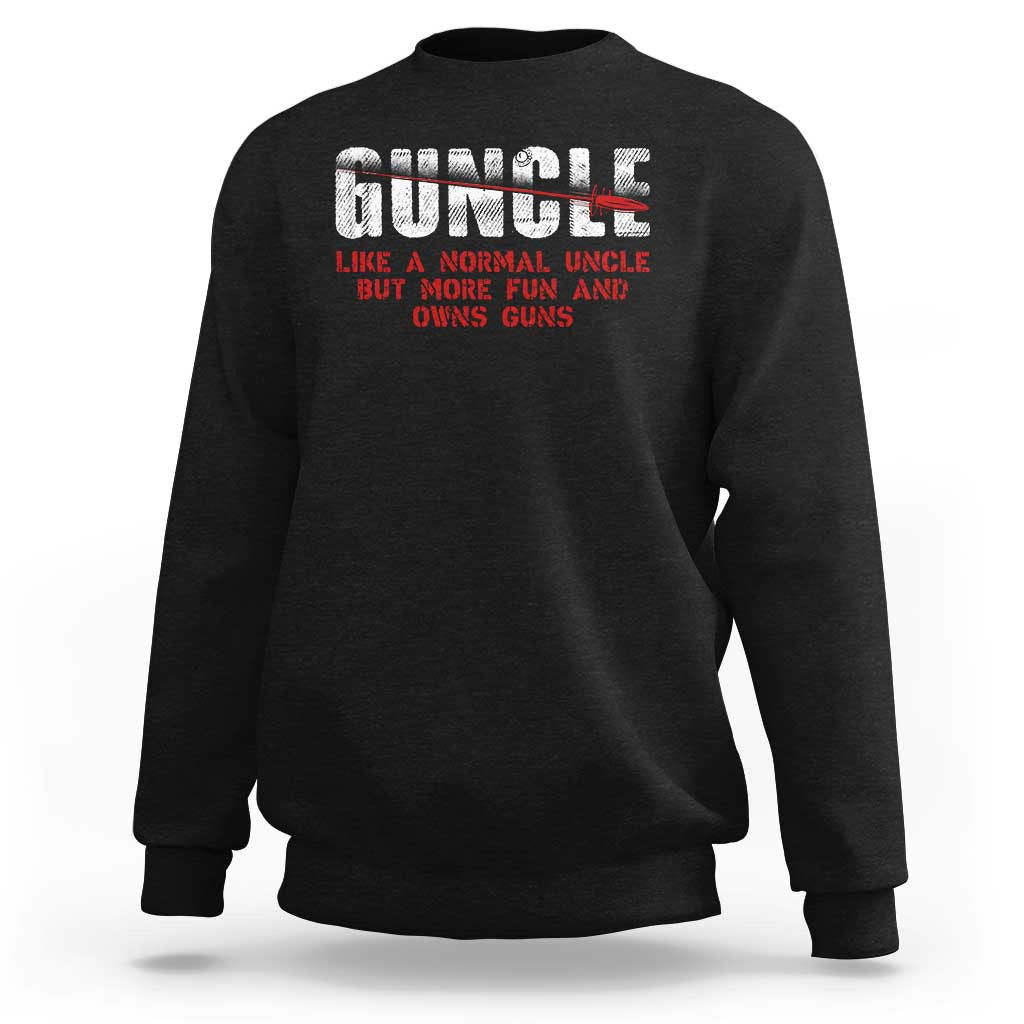 Black sweatshirt with Guncle front graphic and ribbed crew neck cuffs