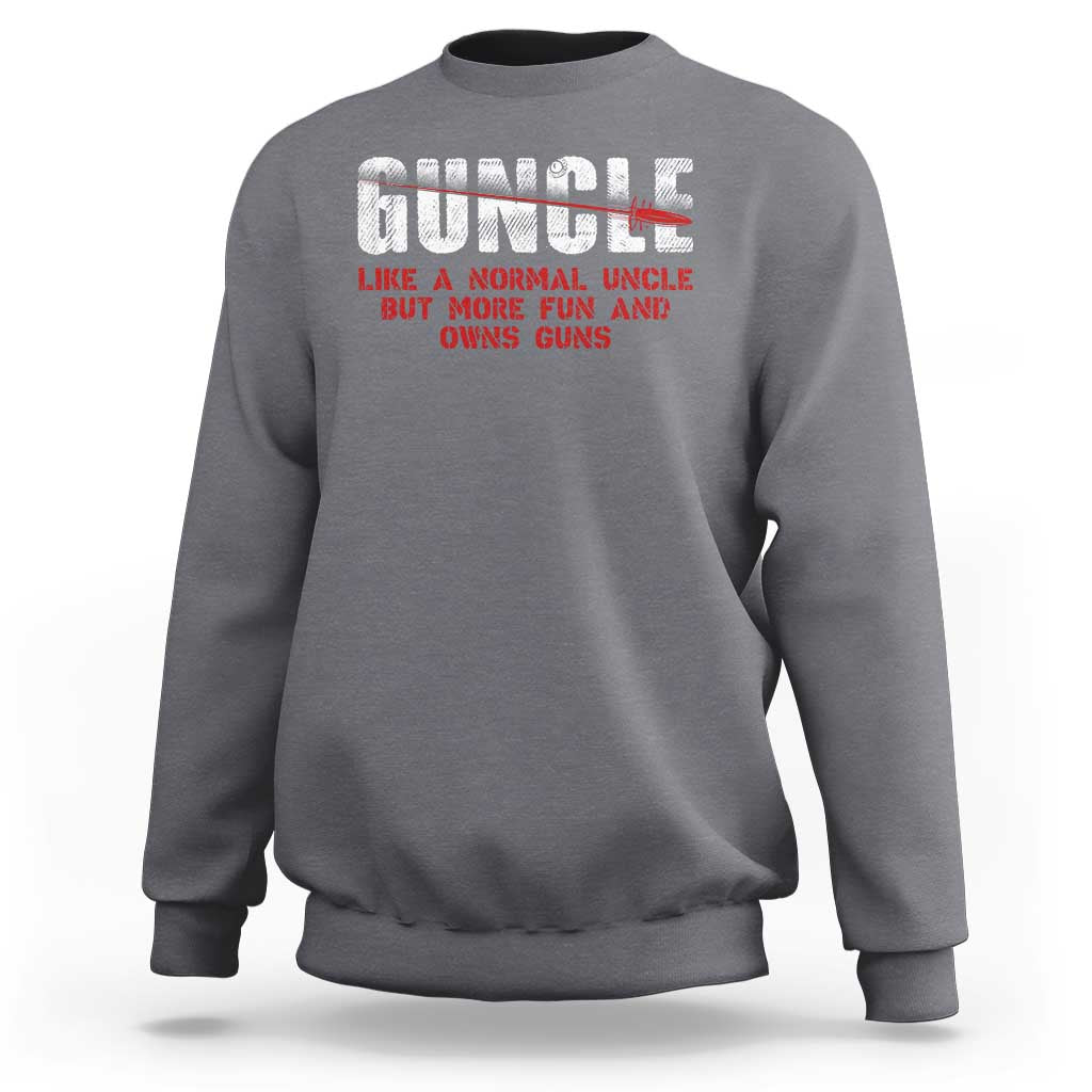 Charcoal gray sweatshirt with Guncle front graphic and ribbed crew neck cuffs