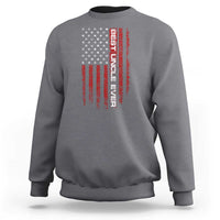 Charcoal gray crewneck sweatshirt with US flag graphic and vertical "Best Uncle Ever" text