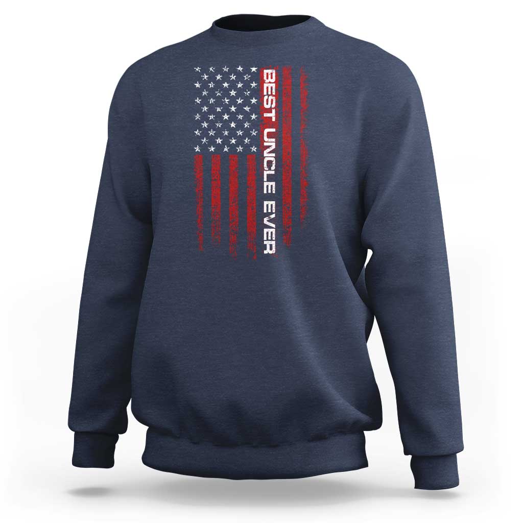 Navy crewneck sweatshirt with US flag graphic and vertical "Best Uncle Ever" text