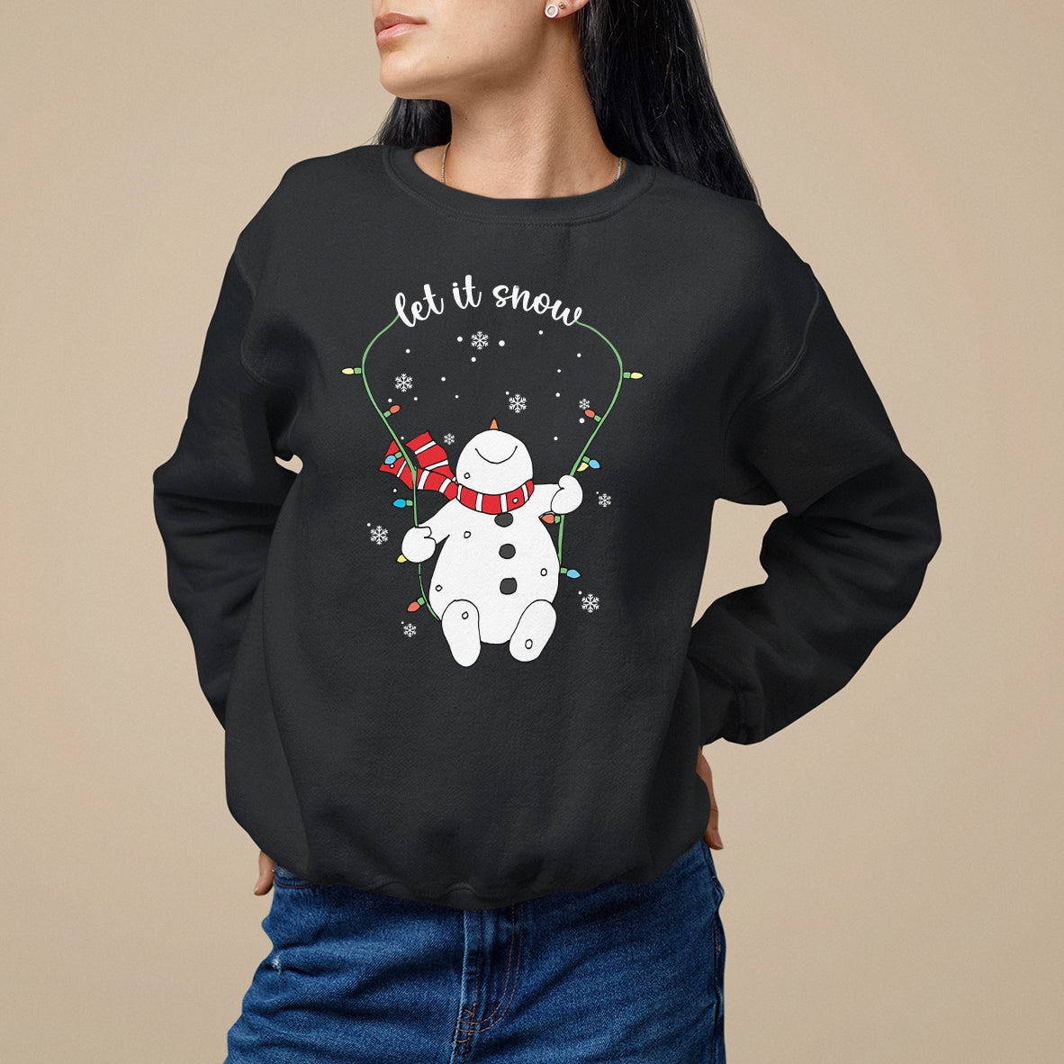 Black Christmas sweatshirt with “Let it snow” snowman graphic