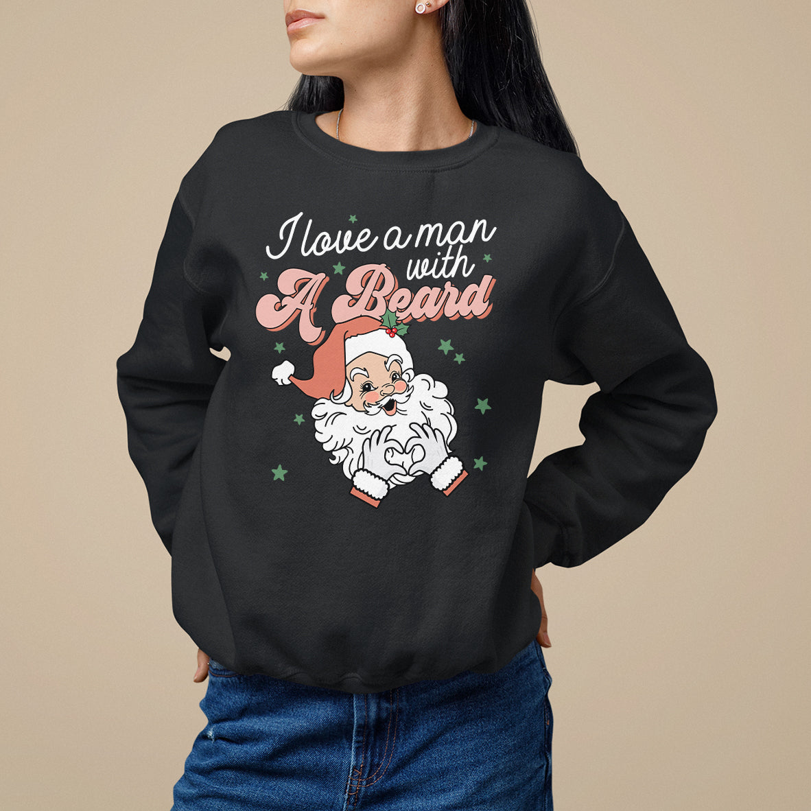 Black crewneck sweatshirt with Santa and beard graphic on chest