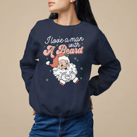 Navy crewneck sweatshirt with Santa and beard graphic on front