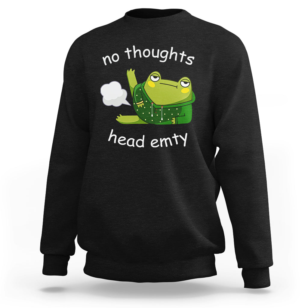 Black sweatshirt with frog graphic and 'no thoughts'/'head empty' print, crew neck.