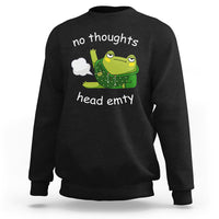 Black sweatshirt with frog graphic and 'no thoughts'/'head empty' print, crew neck.