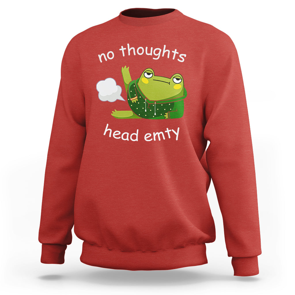 Red sweatshirt with frog graphic and 'no thoughts'/'head empty' print, crew neck.