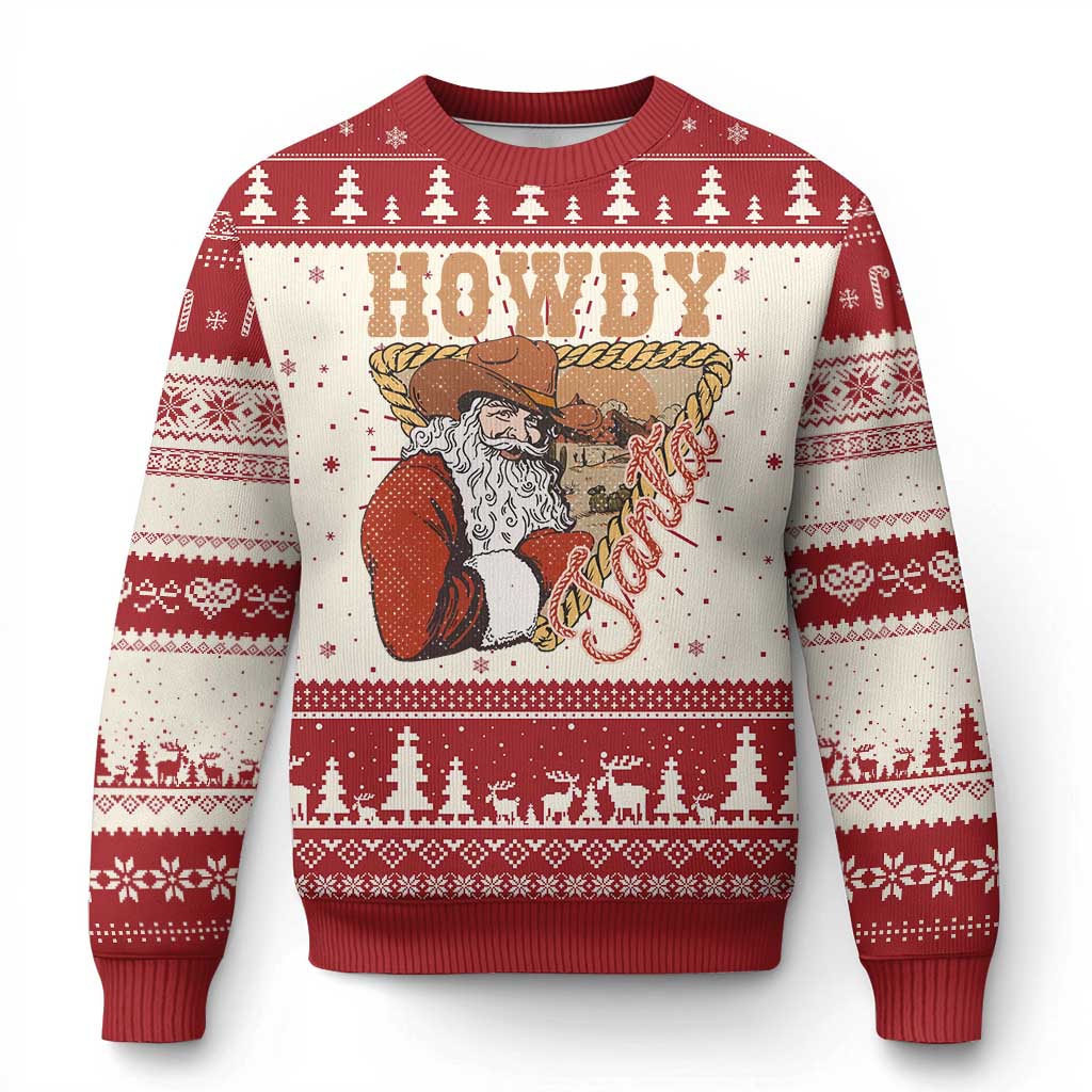 Red knit ugly Christmas sweater with Howdy cowboy Santa graphic and patterned bands