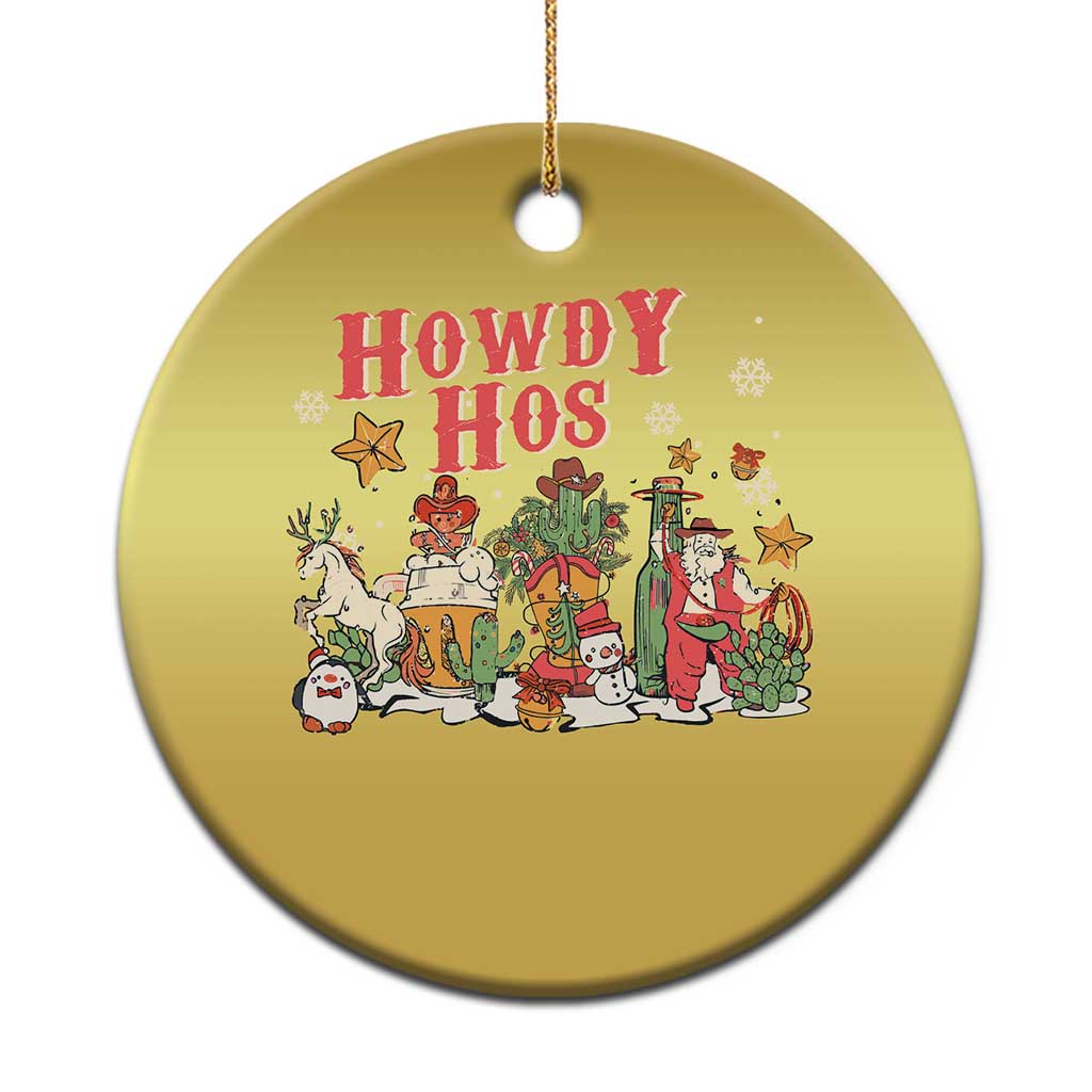 Gold round cowboy Western Christmas ornament with cartoon scene and "Howdy Hos" text