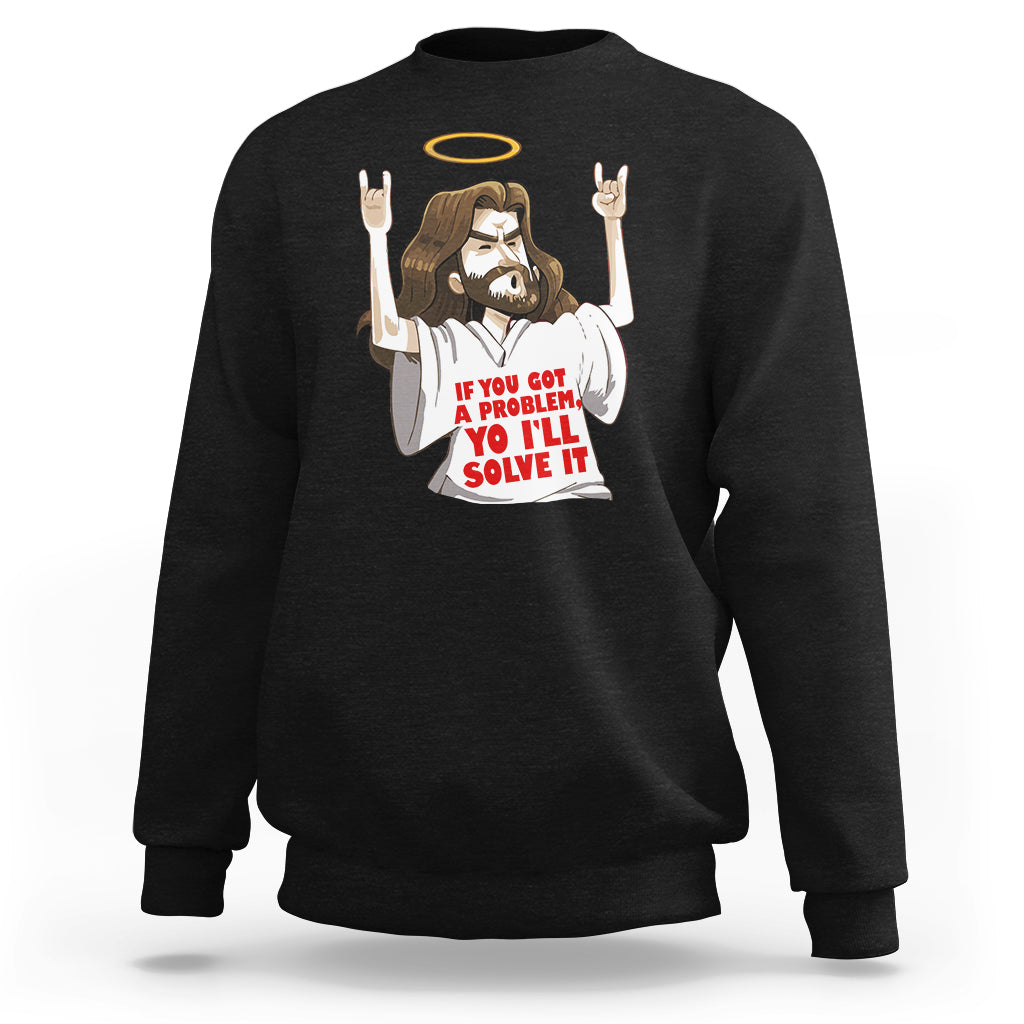 Black Christian crewneck sweatshirt with Jesus graphic and 'solve it' text on front