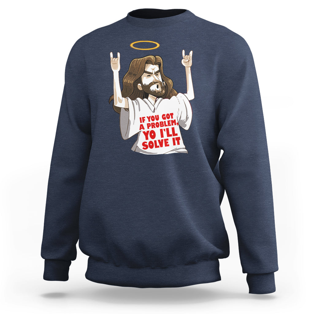 Navy Christian crewneck sweatshirt with Jesus graphic and 'solve it' text on front