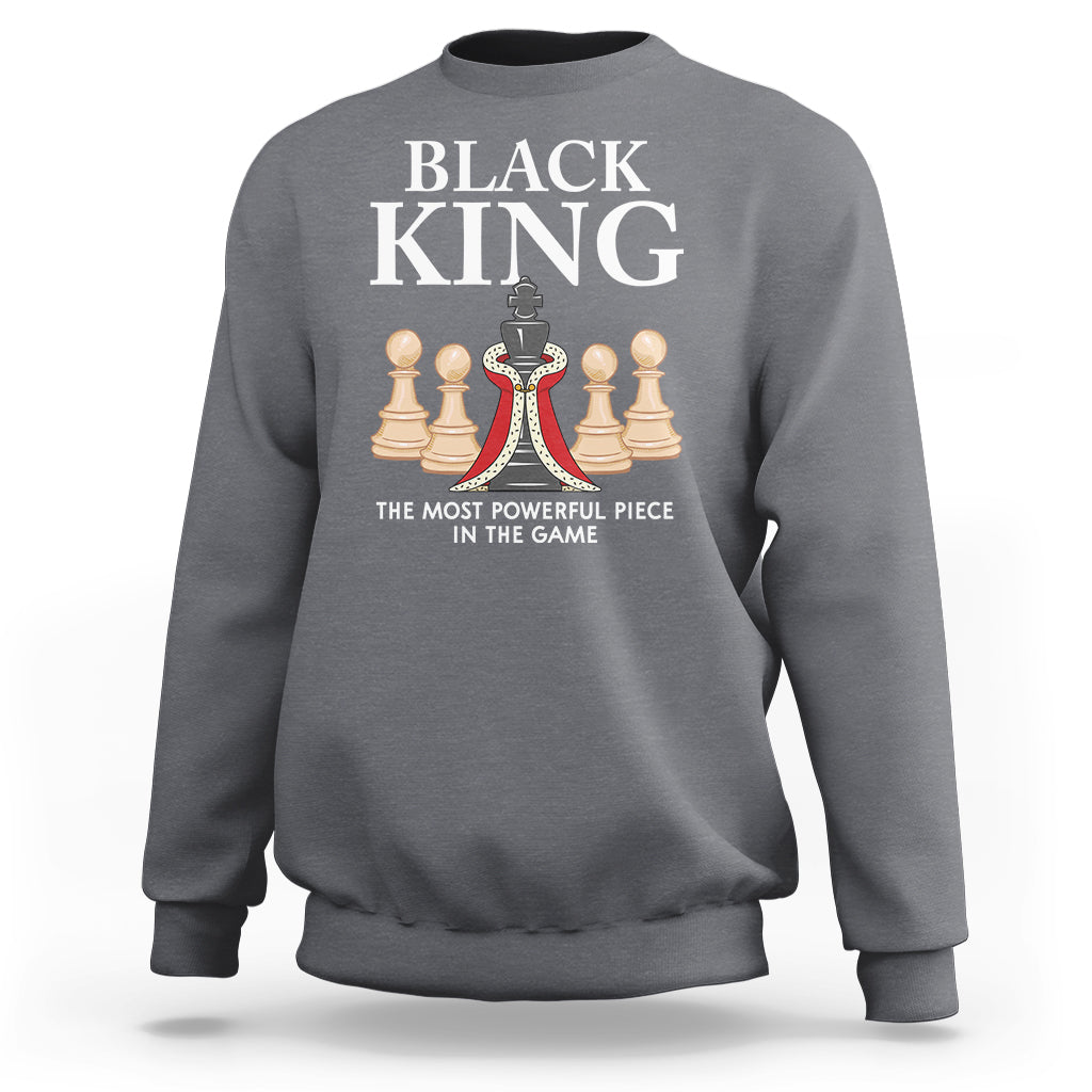Charcoal gray chess sweatshirt with "BLACK KING" and king chess-piece graphic on chest