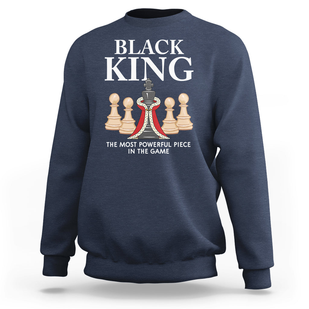 Navy chess sweatshirt with "BLACK KING" and king chess-piece graphic centered on chest