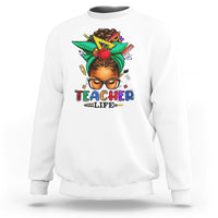 White crewneck sweatshirt with teacher life graphic print on the chest