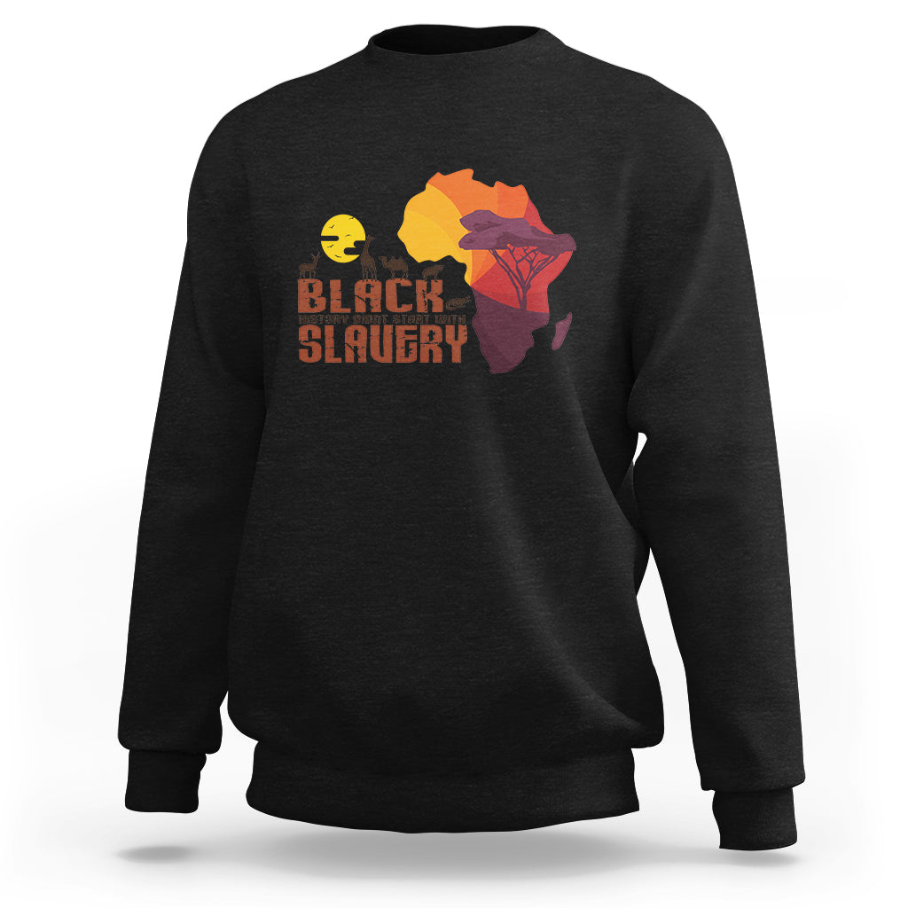 Black crewneck sweatshirt with colorful African map and “Black History” graphic on front