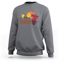 Charcoal gray crewneck sweatshirt with colorful African map and “Black History” graphic on front