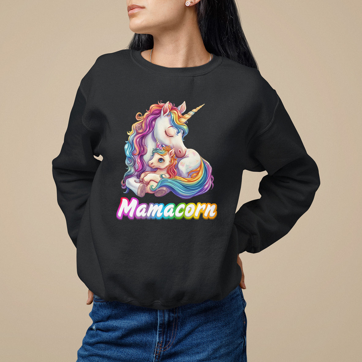 Black crewneck sweatshirt with rainbow unicorn graphic and Mamacorn text