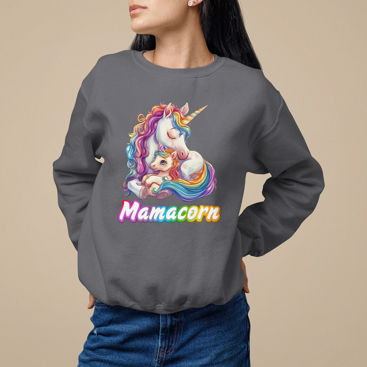 Charcoal crewneck sweatshirt with rainbow unicorn graphic and Mamacorn text