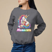 Charcoal crewneck sweatshirt with rainbow unicorn graphic and Mamacorn text