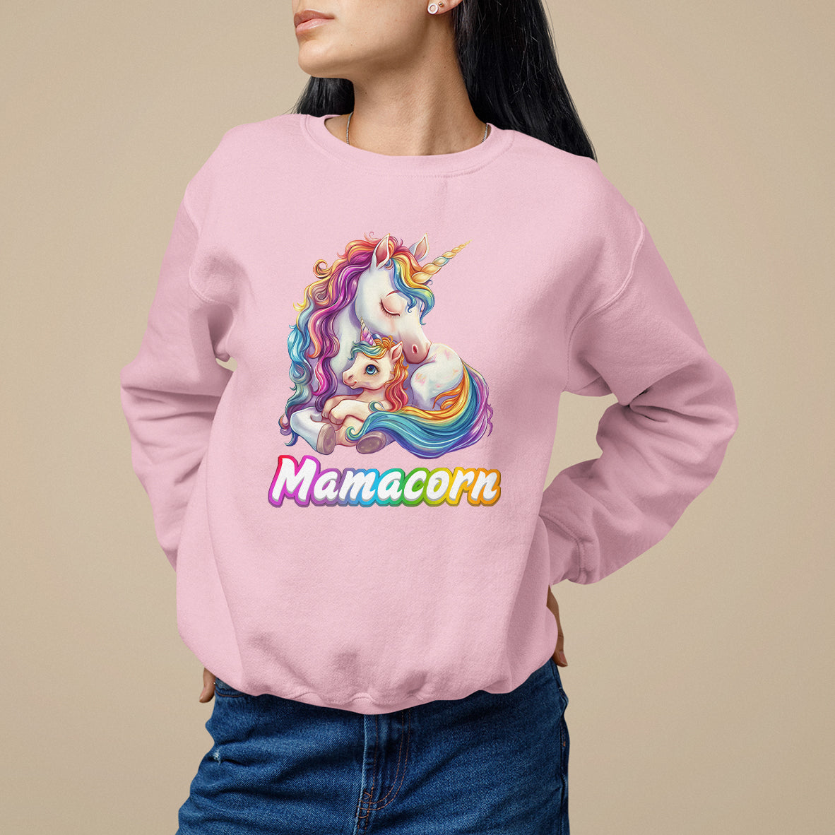 Light pink crewneck sweatshirt with rainbow unicorn graphic and Mamacorn text