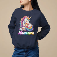 Navy crewneck sweatshirt with rainbow unicorn graphic and Mamacorn text
