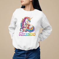 White crewneck sweatshirt with rainbow unicorn graphic and Mamacorn text