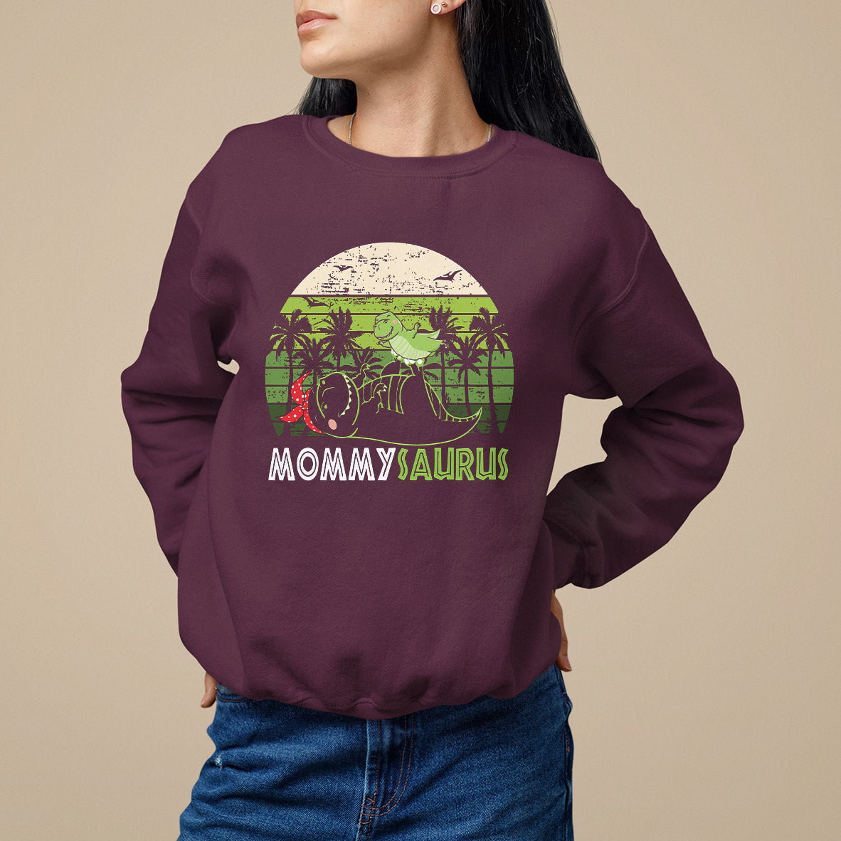 Mother's Day sweatshirt in maroon with Mommysaurus dinosaur graphic on chest
