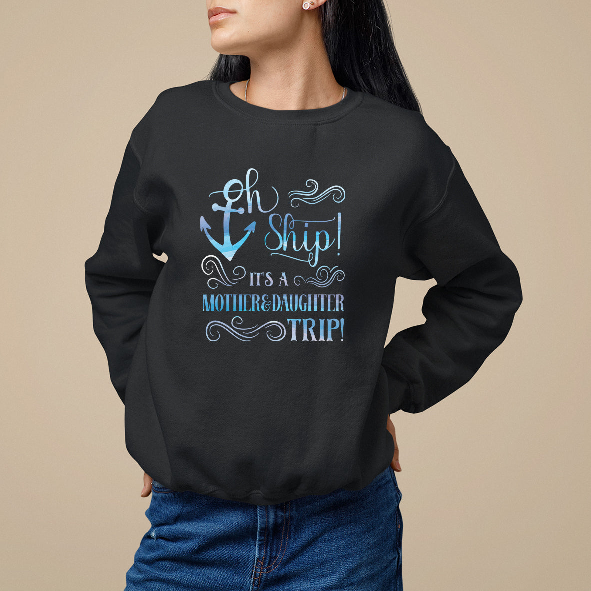 Crewneck sweatshirt in black with anchor and “Oh Ship!” mother-daughter graphic