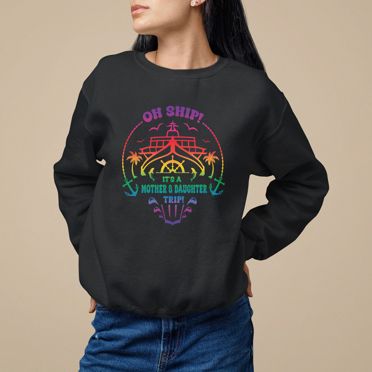 Black crewneck sweatshirt with colorful “Oh Ship” ship and anchor graphic on chest