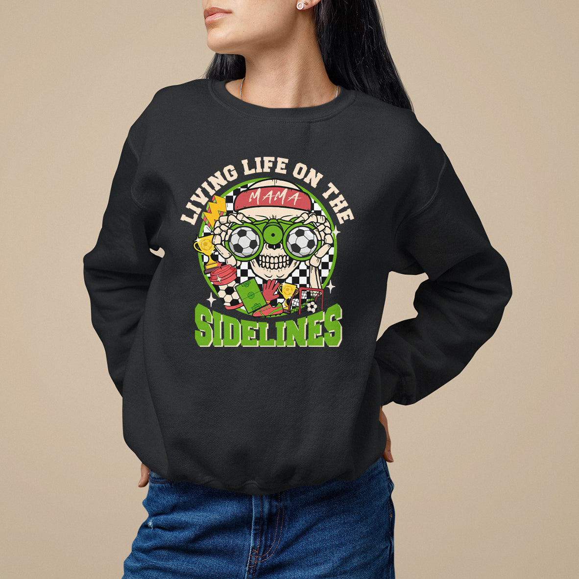 Black crewneck sweatshirt with soccer-themed 'Sidelines' graphic on chest
