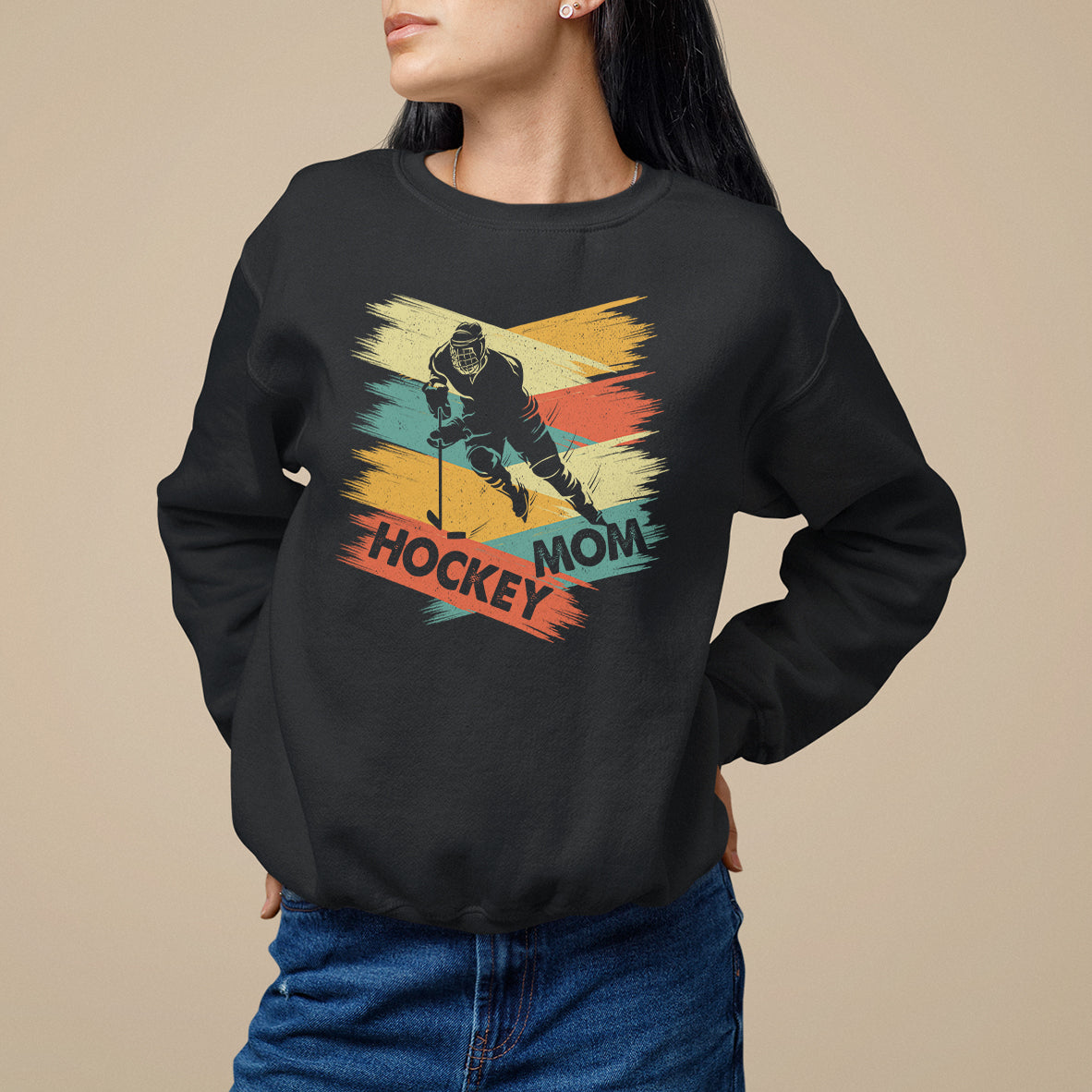 Black sweatshirt with front “Hockey Mom” hockey player graphic, crew neck long sleeves
