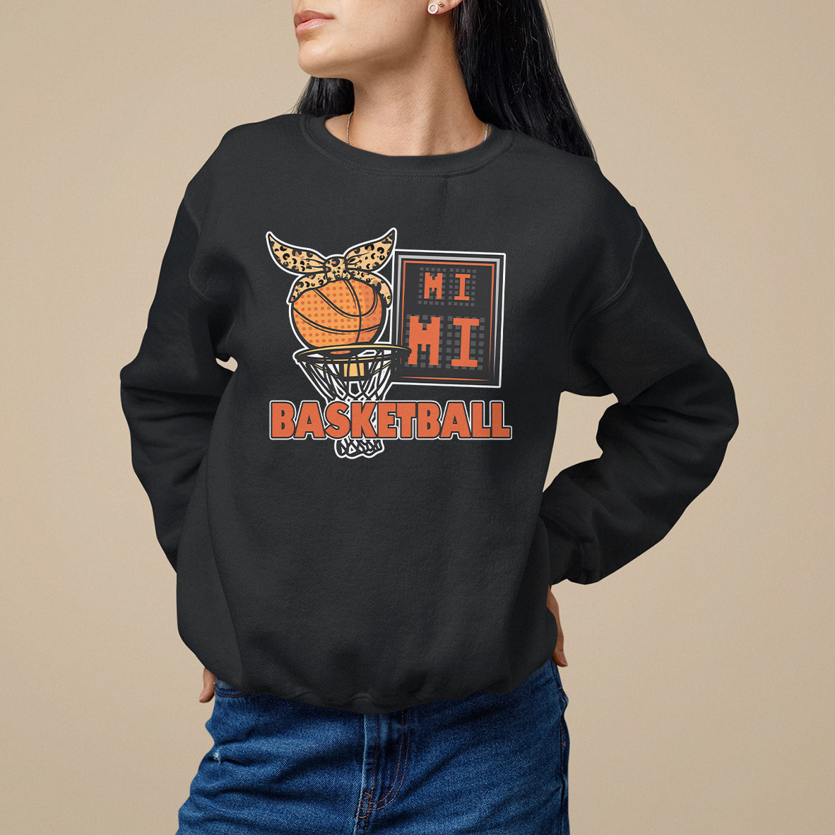 Black basketball graphic sweatshirt with cat and 'BASKETBALL' text