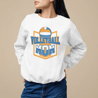White volleyball mom sweatshirt with “VOLLEYBALL MOM” volleyball graphic
