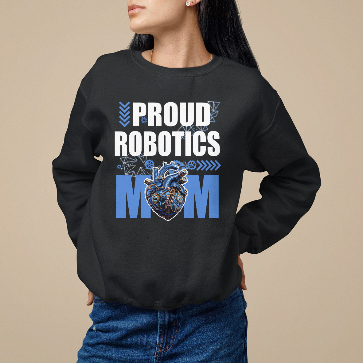 Dark sweatshirt with “PROUD ROBOTICS MOM” text and robot heart graphic