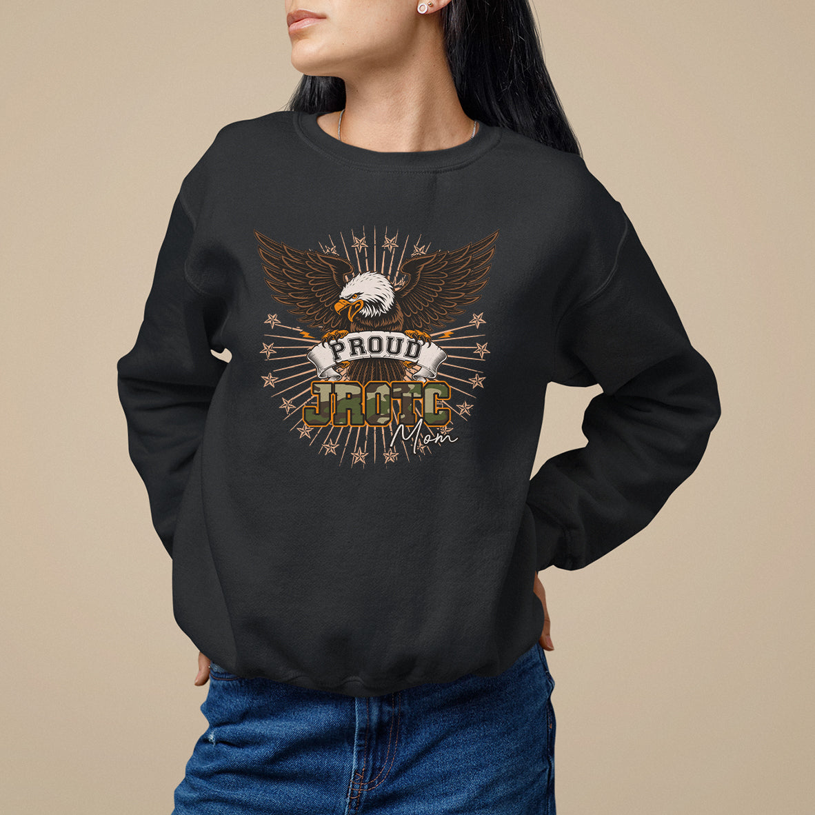 Women's black sweatshirt with JROTC winged eagle graphic on front