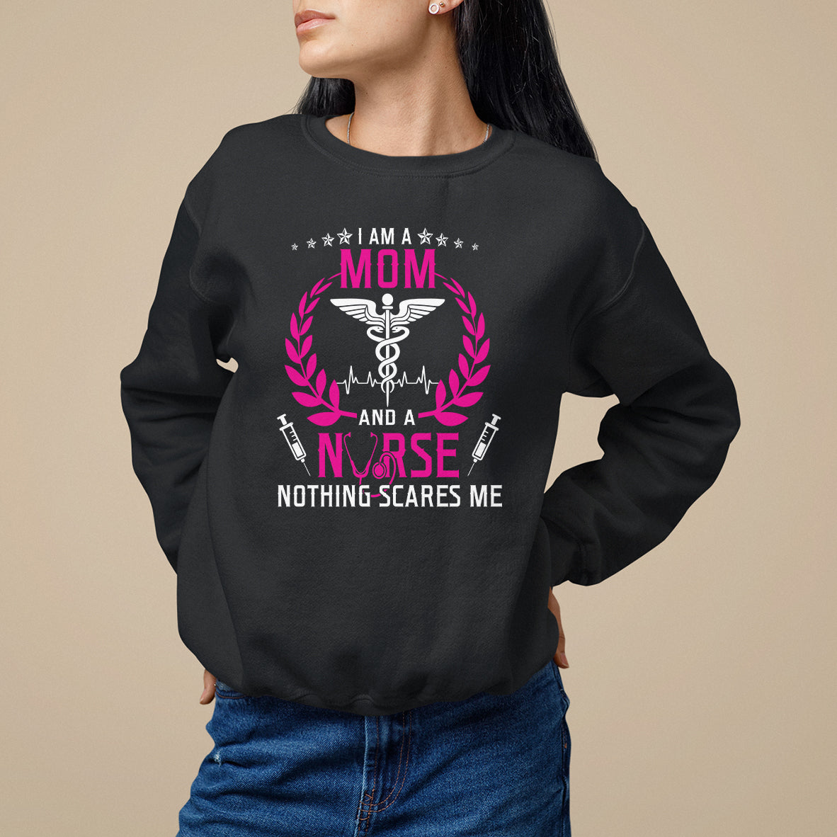 Black women's sweatshirt with Mom and nurse graphic, long sleeves