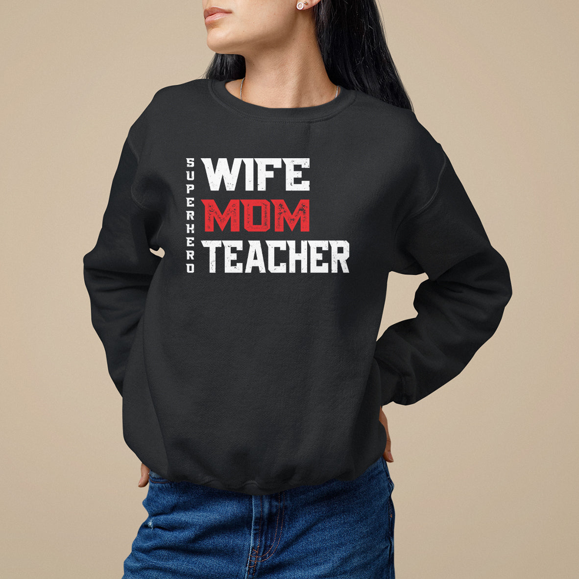 Women's black sweatshirt with WIFE MOM TEACHER graphic, crew neck and long sleeves.
