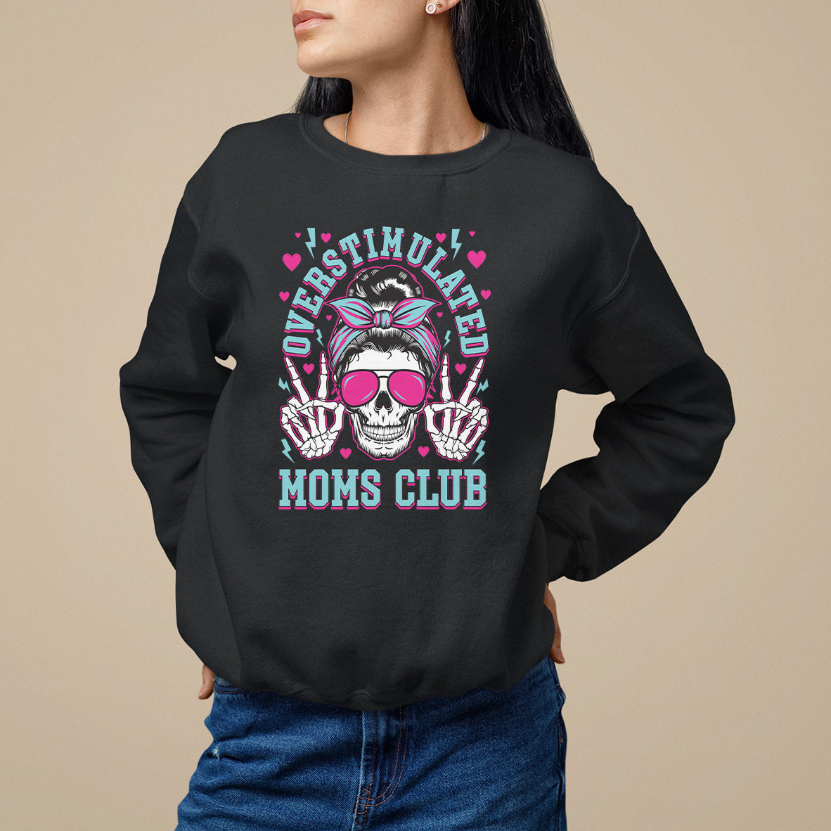 Black crewneck sweatshirt with colorful skeleton 'Moms Club' graphic