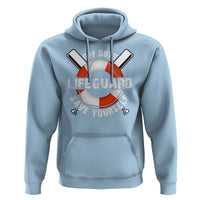 Light blue lifeguard graphic pullover hoodie with hood and front pouch pocket.