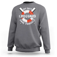 Charcoal crewneck sweatshirt with lifeguard ring graphic and “Save Yourself” text