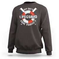 Dark chocolate crewneck sweatshirt with lifeguard ring graphic and “Save Yourself” text
