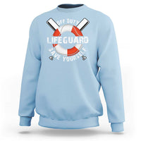 Light blue crewneck sweatshirt with lifeguard ring graphic and “Save Yourself” text