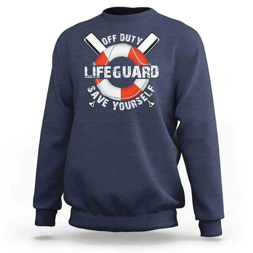 Navy crewneck sweatshirt with lifeguard ring graphic and “Save Yourself” text